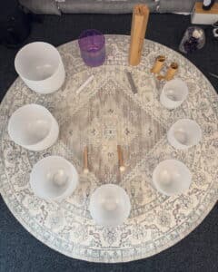Crystal sound bowls in Holly Neighbours’ Auckland sound healing studio
